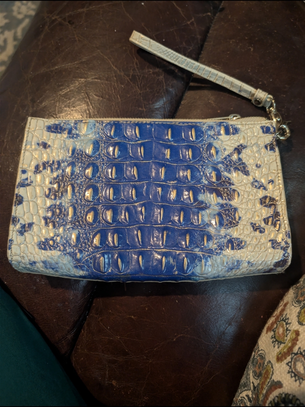 Brahamin Blue and White Croc-Embossed Wristlet Clutch